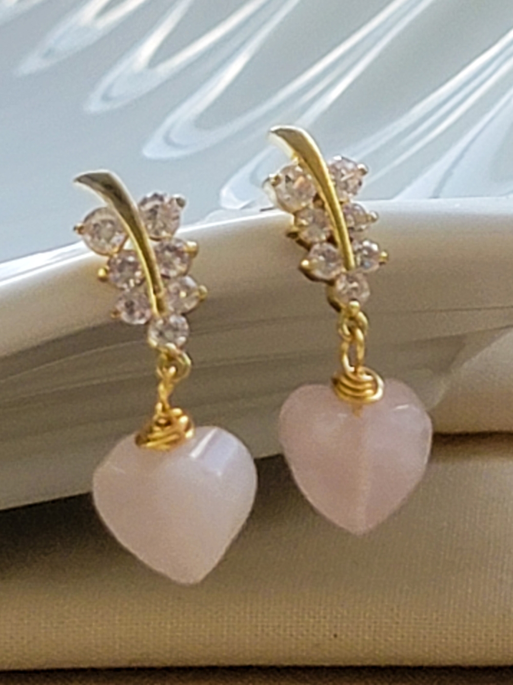 Gold Rose Quartz  Pink Heart Drop Earrings with Crystal Accents